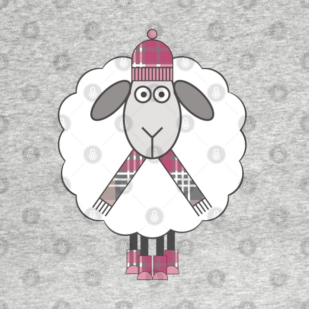 Cosy Winter Sheep With Pink, Grey and White Tartan Hat, Scarf and Boots by MacPean